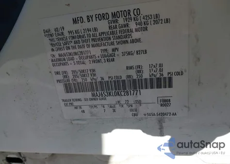 2019 Ford Ecosport Titanium z USA, uszkodzony, nr VIN MAJ6S3KL0KC281771